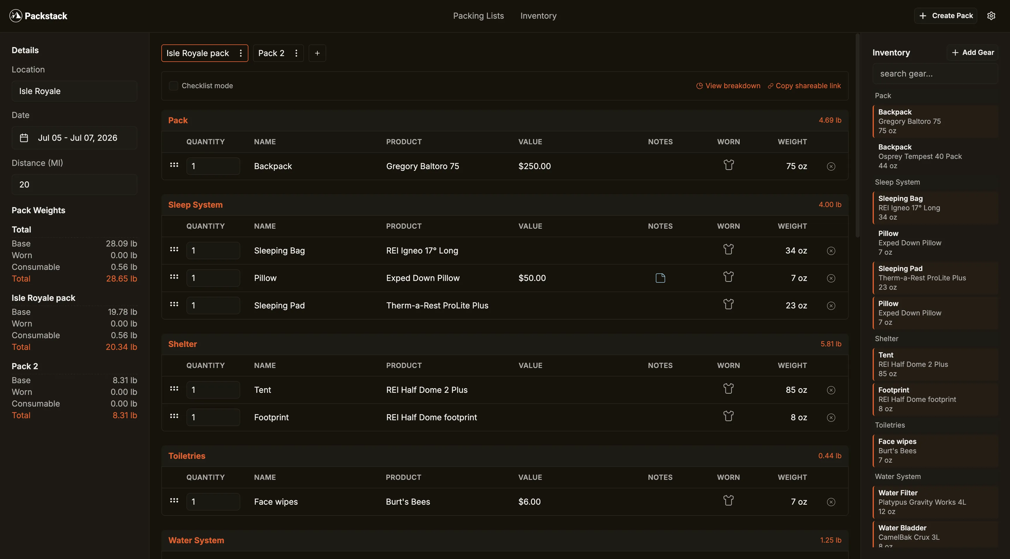 Packstack dashboard showing a packing list with categorized gear, weights, and trip details