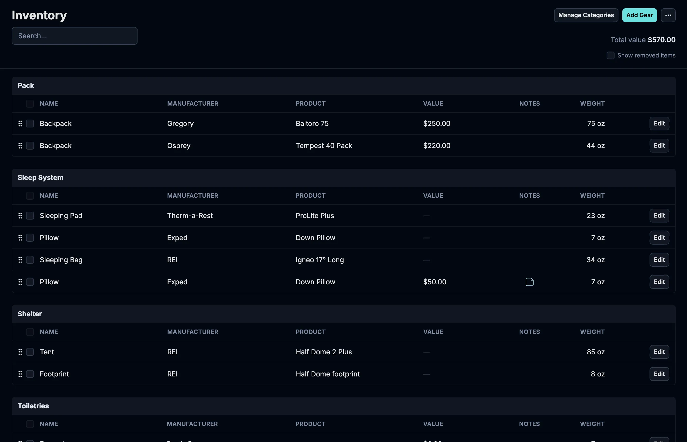 Packstack gear inventory showing categorized backpacking equipment with weights and product details