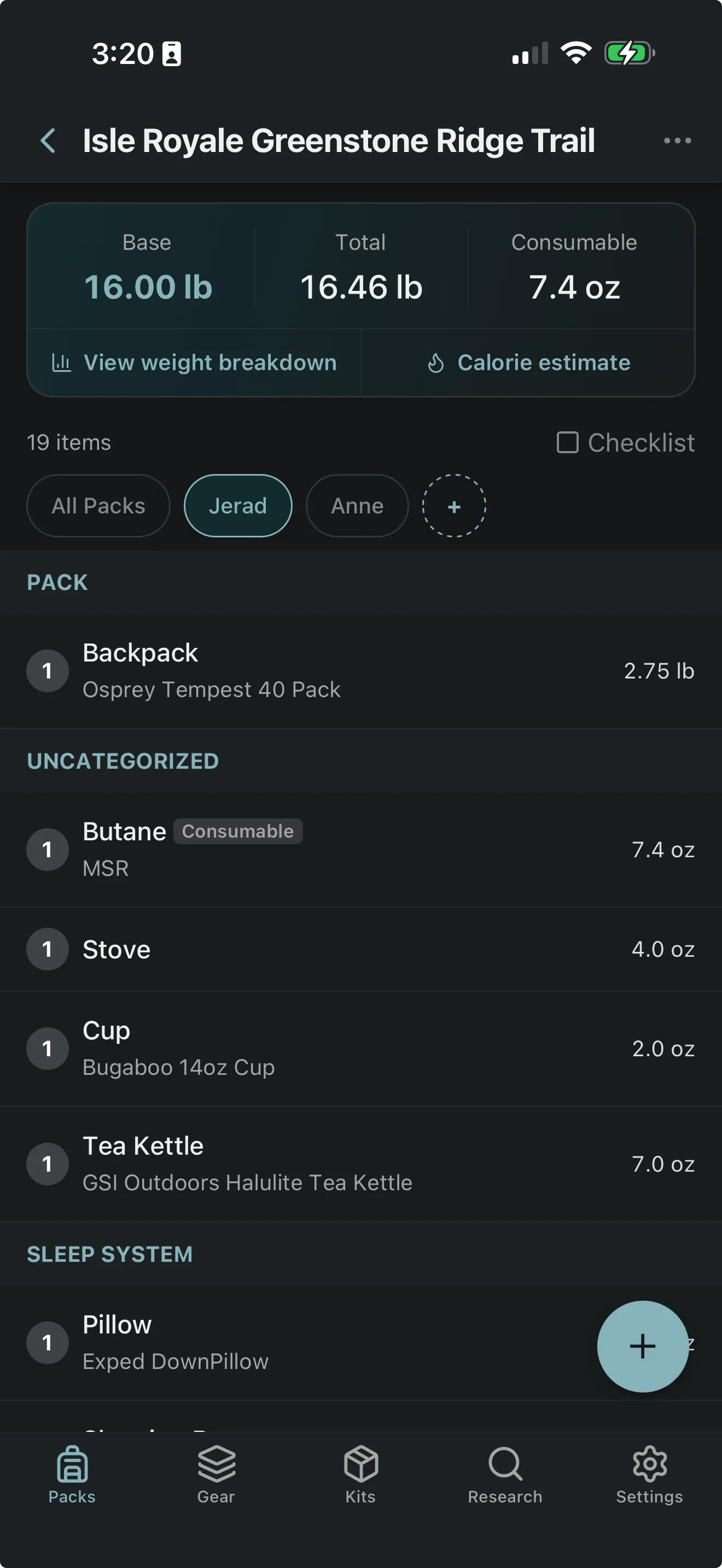 Packstack mobile app for iOS and Android showing a packing list
