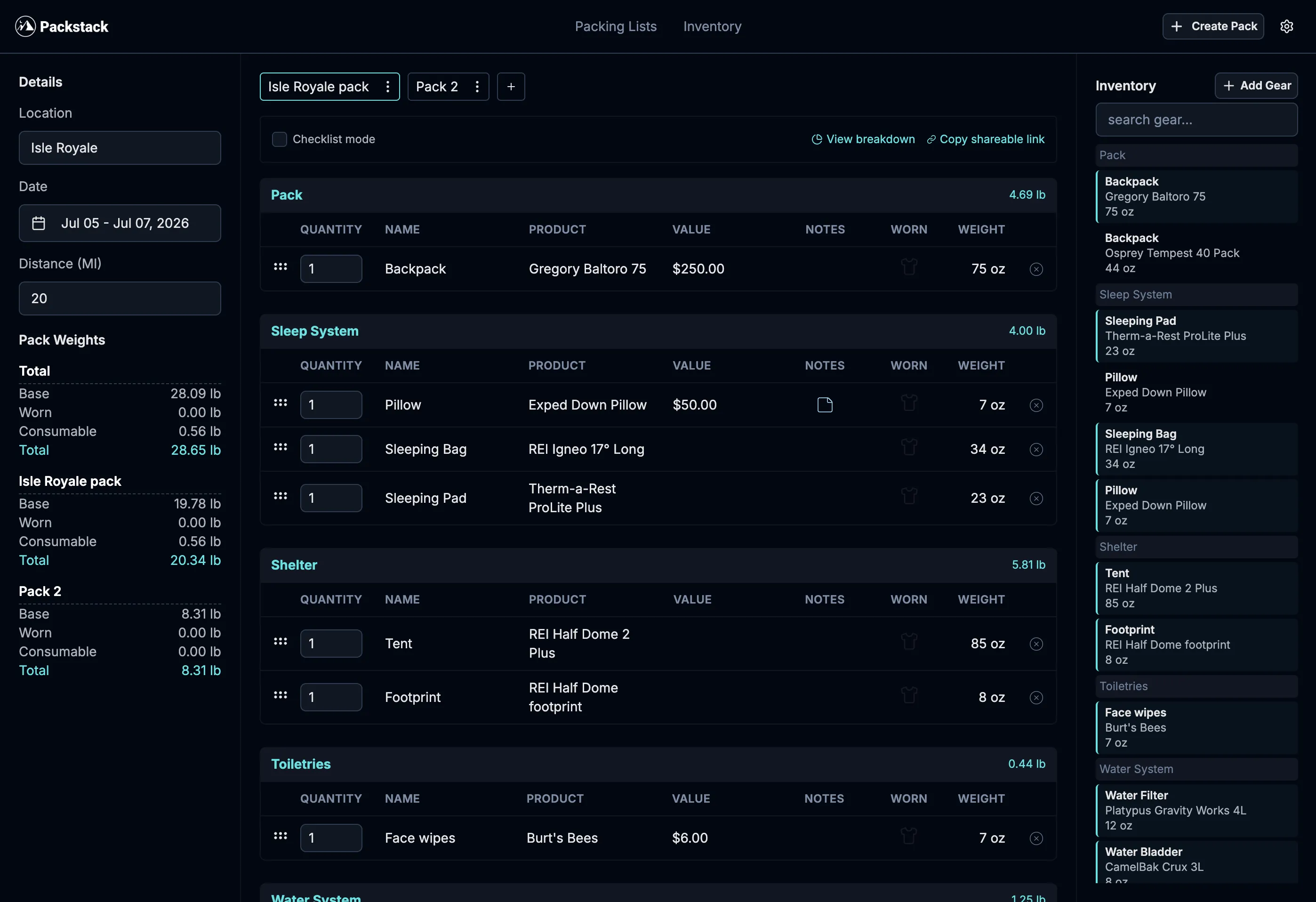 Packstack dashboard showing a packing list with categorized gear, weights, and trip details