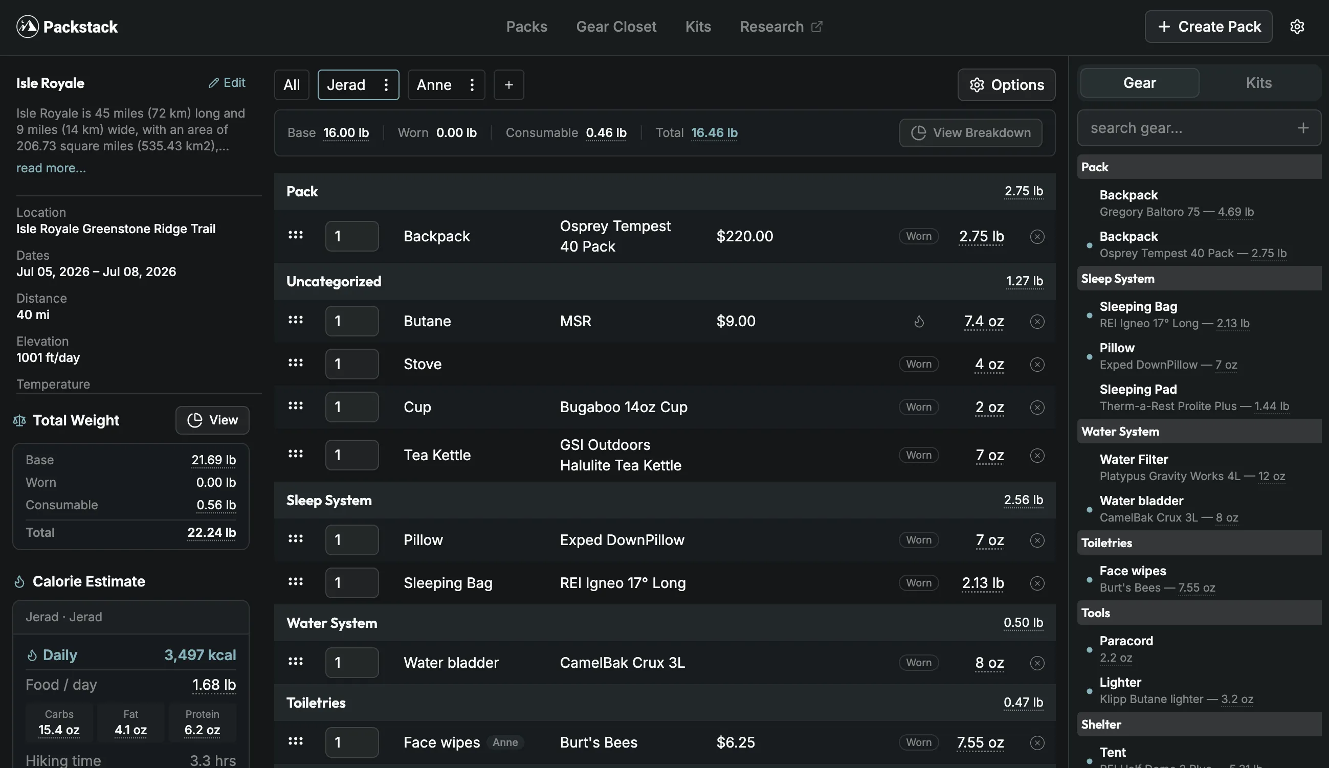 Packstack dashboard showing a backpacking gear list with categorized gear, weights, and trip details