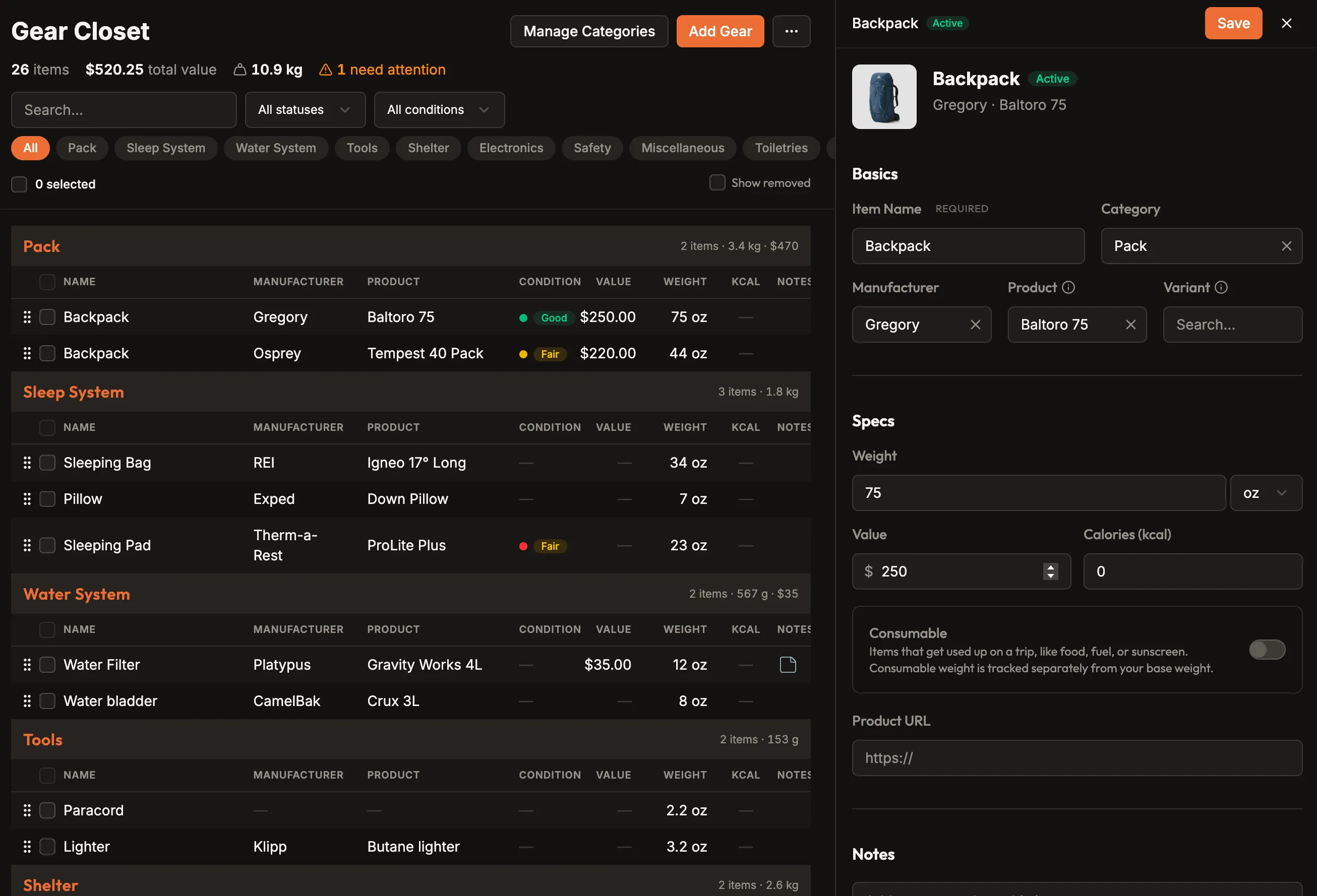 Packstack gear inventory showing categorized backpacking equipment with weights and product details
