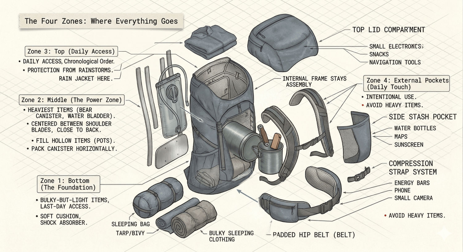 Exploded diagram of a backpacking pack showing the four packing zones — bottom for sleeping bag and bulky-light items, middle power zone for heavy gear close to your back, top for daily-access items, and external pockets for quick-reach essentials — with labeled items for each zone